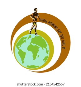 World running day concept vector design for post, banner. Global running day concept. Yang smiling happy man running. The concept of a healthy lifestyle and sports.