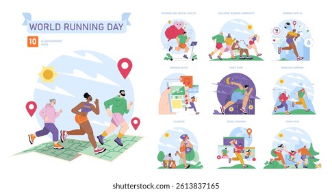 World Running Day set. Community celebration of running for all ages and backgrounds. Mental health benefits, group runs, technology integration, night and mountain routes, music, plogging, family