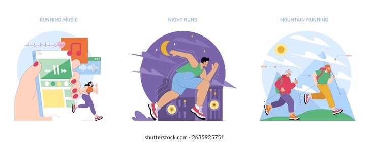 World Running Day set. People celebrate World Running Day with music playlists, evening city jogs, and mountain trail runs, enjoying fitness, nature, and outdoor activities as a global community