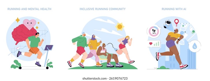 Dia Mundial da Corrida definido. Corredores com origens diversas comemoram a forma física, os benefícios de saúde mental e a comunidade. Eventos em execução conectam pessoas globalmente, a tecnologia digital acompanha o progresso. Vetor