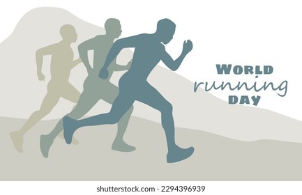 World Running Day. Vector poster design. The concept of a healthy lifestyle. Men run ahead of each other in nature. Flat vector illustration. A template for a banner, an advertising cover Competitions
