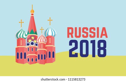 World of Russia modern and traditional elements, 2018 trend templates. Vector illustration isolated.  Russia Moscow Cathedral red square on greenfield landscape