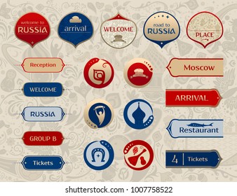 World of Russia, set of icons, buttons, frames, arrows with traditional and modern russian elements, vector templates