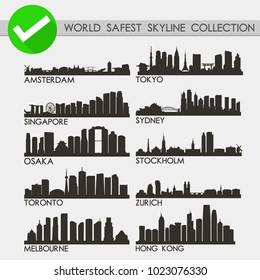 World Safest Cities Skyline Silhouette Icon Flat Vector Design Collection Set
