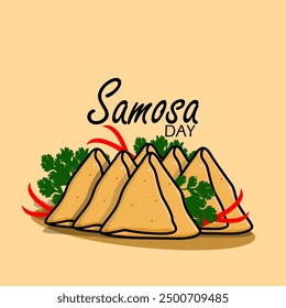 World Samosa Day event food banner. Triangular pastry filled with savory ingredients fried until golden with leaves and sliced ​​red chilies on light brown background to celebrate on September 5th