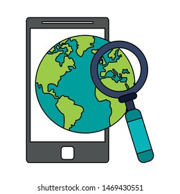 world saving ecology green analysis by smartphone technology cartoon vector illustration graphic design
