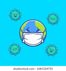 Ilustración del icono del vector del virus Corona World Scare. Caricatura de caricatura de la mascota Corona. El Concepto De Ícono Mundial Blanco Aislado. Estilo de caricatura plano adecuado para Web Landing Page, banner, volante, adhesivo, tarjeta