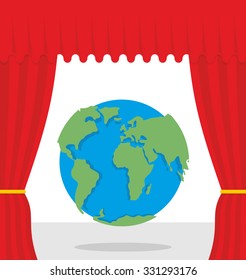 World scene. Red curtain opens Earth. Theatrical presentation by globe.