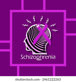 World Schizophrenia Day event banner. Illustration of a head with changing emotions and a ribbon in a frame on a dark purple background to commemorate May 24th