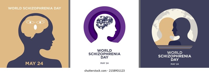 World Schizophrenia Day Set in square format. Vector Illustration. Minimalist and trendy concept. For social media, web, backgrounds, flyers, leaflet. Celebrated in May 24. Schizophrenia icons.