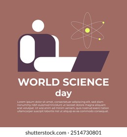 World science day with Ai Robot and laptop. Suitable for poster, cover, web, social media banner. Flat vector illustration.