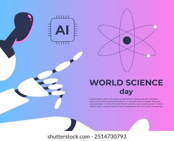 World science day with Artificial intelligence robot. Suitable for poster, cover, web, social media banner. Flat vector illustration.