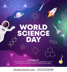 World Science Day background with an out space and science ornaments