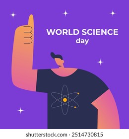 World science day with Boy. Suitable for poster, cover, web, social media banner. Flat vector illustration.
