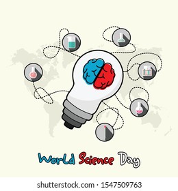World Science Day with flying icon from brain on light bulb vector design