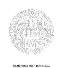 world science day on white background. round world science day and symbols. technical drawing world science day