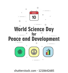 World science day for peace and development greeting vector design. Science icon set with atom/molecul flat style design