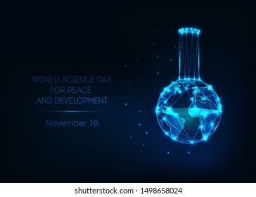 Día Mundial de la Ciencia por la Paz y el Desarrollo, 10 de noviembre, plantilla de banner digital con lustroso vaso de precipitados de laboratorio polígono y mapa de la Tierra sobre fondo azul oscuro.Ilustración vectorial.