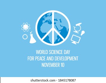 Vector del Día Mundial de la Ciencia para la Paz y el Desarrollo. Planeta tierra con símbolo de paz vector. Conjunto de iconos simples de la ciencia. Afiche del Día de la Ciencia para la Paz y el Desarrollo, 10 de noviembre. Día importante