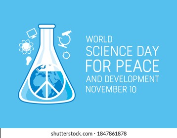 Vector del Día Mundial de la Ciencia para la Paz y el Desarrollo. Fabricante químico de laboratorio con símbolo de paz vector. Iconos simples de la ciencia. Afiche del Día de la Ciencia para la Paz y el Desarrollo, 10 de noviembre. Día importante