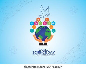 Día Mundial de la Ciencia para la Paz y el Desarrollo. 10 de noviembre concepto del Día Mundial de la Ciencia. Plantilla para fondo, banner, tarjeta, afiche. Ilustración vectorial.