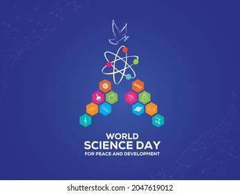 Día Mundial de la Ciencia para la Paz y el Desarrollo. 10 de noviembre concepto del Día Mundial de la Ciencia. Plantilla para fondo, banner, tarjeta, afiche. Ilustración vectorial.