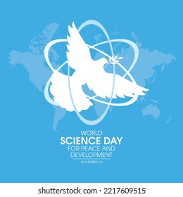 Vector del Día Mundial de la Ciencia para la Paz y el Desarrollo. Paloma de paz y vector de icono de silueta blanca átomo. 10 de noviembre cada año. Día importante