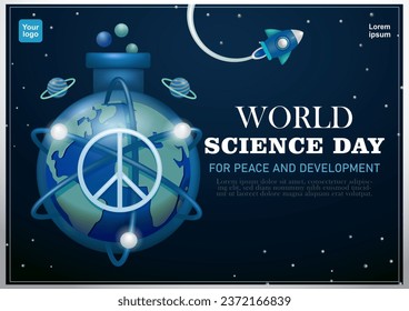 World Science Day, for Peace and Development. Earth with peace symbol surrounded by atomic particles, beaker background. 3d vector, suitable for science and education