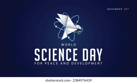 World science day for peace and development. Vector illustration of origami paper birds and science symbols. Suitable for banners, web, social media, greeting cards etc