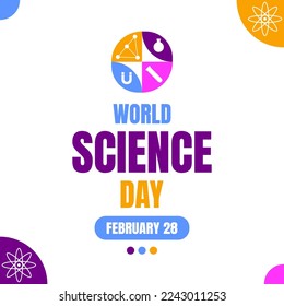 World science day with science stuff square background vector flat style. Suitable for poster, cover, web, social media banner.