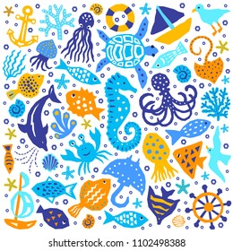 World of the sea paper cutout marine style kids design element set. Funny cartoon doodle background of fish, octopus, gull, shell, calmar, starfish, jellyfish, guitarfish. EPS 10 vector illustration 