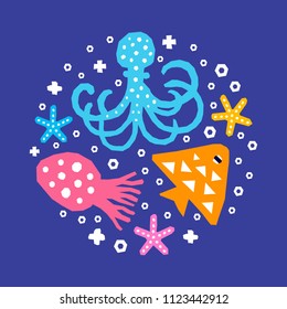 World of the sea paper cutout marine style kids design element set. Funny cartoon doodle fish, octopus, calmar, starfish background. EPS 10 vector illustration
