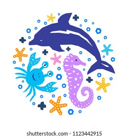 World of the sea paper cutout marine style kids design element set. Funny cartoon doodle dolphin, crab, seahorse, starfish background. EPS 10 vector illustration
