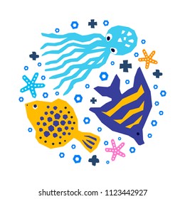World of the sea paper cutout marine style kids design element set. Funny cartoon doodle fish, octopus, starfish background. EPS 10 vector illustration