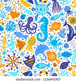 World of the sea paper cutout marine style kids design element seamless pattern. Funny cartoon fish, octopus, gull, shell, calmar, starfish, jellyfish, guitarfish vector background illustration 