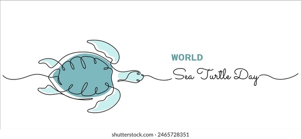 World Sea Turtle Day minimal banner. Abstract one line drawing on white background with hand written style text. Vector illustration