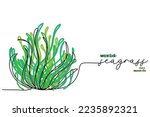 world seagrass day observed on 1st of March every year. Conservation of Marine ecosystem concept vector art.  Global awareness on importance of seagrass and consequences of their loss. One line art.