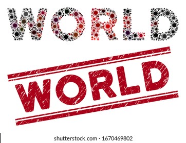 World seal stamp and coronavirus mosaic text. Red vector textured seal stamp with World title between parallel lines. Useful for rubber imitations with dirty rubber style.