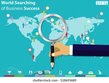 World Searching of Business Success modern design Idea and Concept Vector illustration with Magnifier,Pencil,hand,World map,icon.