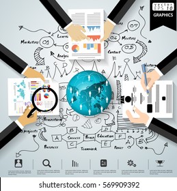 World Searching of Business Success modern design Idea and Concept Vector illustration  with Lined pattern,graph,arrow,Pen,Magnifier,paper,icon.