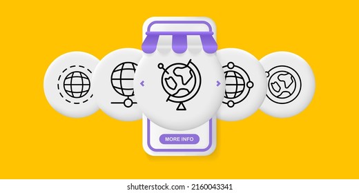 World set icon. Globe, geography, orbit, axis, equator, earth, planet, pointer. Cartography and topography concept. UI phone app screens with people. Vector line icon for Business