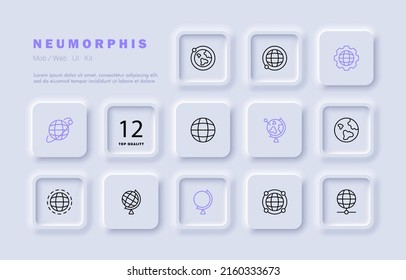 World set icon. Globe, geography, orbit, axis, equator, earth, planet, pointer. Cartography and topography concept. Neomorphism style. Vector line icon for Business and Advertising
