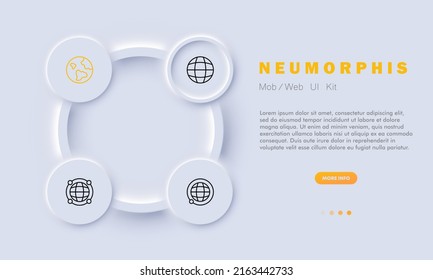 World set icon. Globe, geography, orbit, axis, equator, earth, planet, pointer. Cartography and topography concept. Neomorphism style. Vector line icon for Business and Advertising
