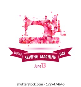 Día mundial de la máquina de coser. Vacaciones del 13 de junio. Tarjeta de felicitación vectorial.