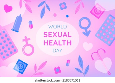 World Sexual Health Day Concept Background. Vector Illustration With Contraceptives And Male, Female Gender Sex Symbols In Light Pink -blue Color.