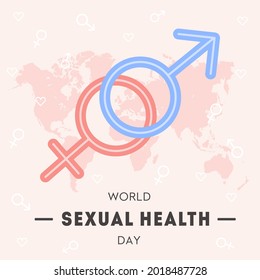 World Sexual Health Day Greeting Card. Gender Signs And World Map On Background. Sex Education. Safe Sexual Behavior, Birth Fertility Control. Vector Square Banner Template In Flat Cartoon Style.