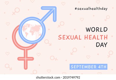 World Sexual Health Day Horizontal Banner. Female And Male Gender Signs With World Map. Sex Education. Safe Sexual Behavior, Birth Fertility Control. Vector Poster In Flat Cartoon Style.