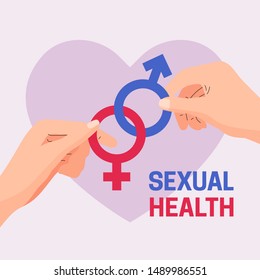 World Sexual Health Day Vector Illustration Poster Concept . Couple Hand Holding Connected Male Female Gender Sex Symbol With Heart Banner Background Template Flat Graphic Design Style.