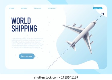 world shipping web page template with realistic plane, logistic company, cargo delivery web landing page template