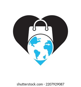 World Shop heart shape concept Logo Template Design Vector. Earth and sale symbol or icon. globe and market logotype design template.